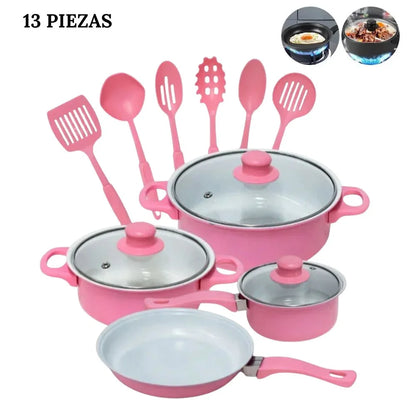 SET DE OLLAS Y JUEGO DE UTENCILIOS DE COCINA 13PZ ROSADA