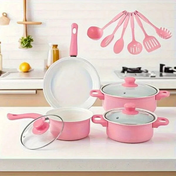 SET DE OLLAS Y JUEGO DE UTENCILIOS DE COCINA 13PZ ROSADA