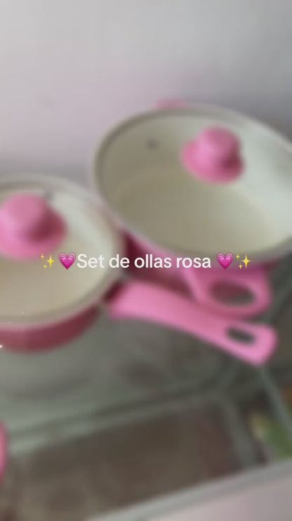 SET DE OLLAS Y JUEGO DE UTENCILIOS DE COCINA 13PZ ROSADA